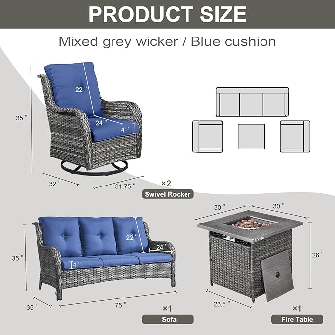 Outdoor Patio Furniture Set with 50000BTU Propane Fire Pit Table, 4 Pieces Wicker Patio Conversation Set with 2 Swivel Rocker Glider Chairs Rattan Sofa Blue Cushion Perfect for Gathering
