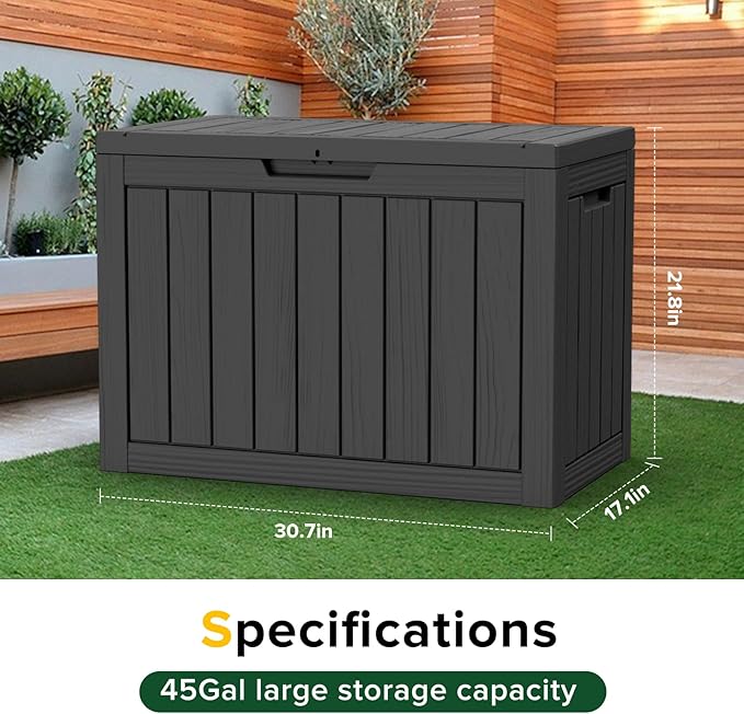 46 Gallon Outdoor Deck Box,Storage Lockable Waterproof Patio Furniture,Garden Tools,Cushions,Pool Accessories Outside Storage Resin Box(Black)