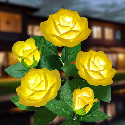 Solar Flower Lights Outdoor - Upgraded New Material Two Modes Realistic LED Solar Powered Waterproof Lights with 5 Roses, Solar Decorative Stake Lights for Garden (Yellow, 1 Pack)
