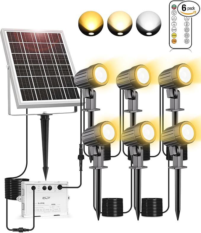 CLY 6 in 1 Solar Spotlights Landscape Outdoor Garden, Solar Spotlights IP66 Waterproof Landscape Lighting with Remote 18M Cable for Garden, Lawn, Patio, 2700K/4000K/6500K