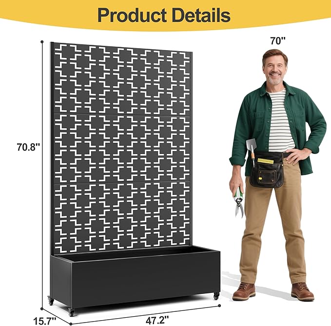 Raised Garden Bed with Trellis and Wheels,73"x47"x16" Metal Raised Garden Bed,Black Squared Metal Planter with Climbing Trellis for Vines & Vegetables