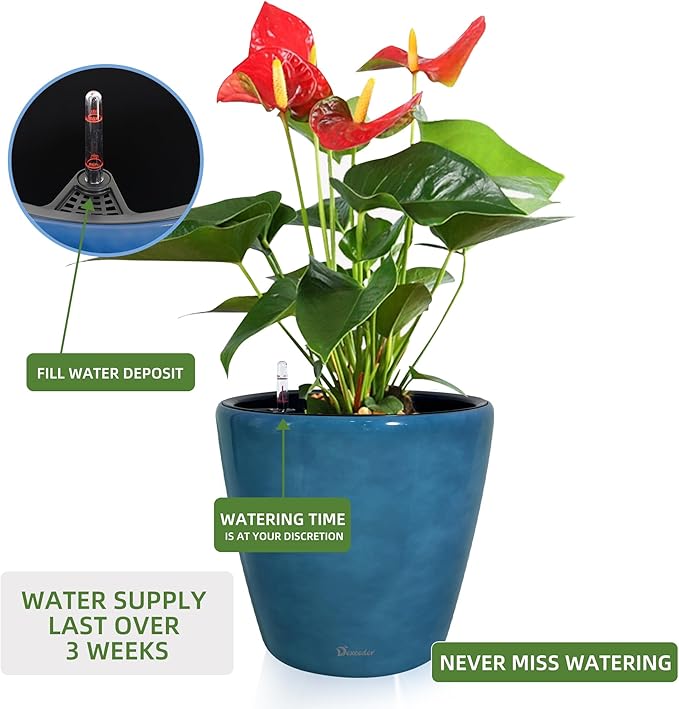 Dexceder 15x14 Self Watering Planter with Wheels Indoor Outdoor, Inner Pot Design, Thickened Large Floor Standing Flower Plant Pot with Water Level Indicator (Peacock Blue Gradient)
