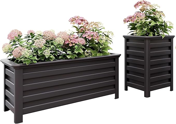Aluminum Outdoor Planter - 19.68" Tall Planter Box for Patio Porch Indoor or Outdoor Durable Weather-Resistant Large Planters for Flowers with Drainage Hole, Dark Brown, 19.68"D x 19.68"W x 27.56"H