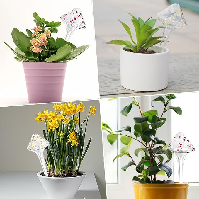 Plant Watering Globes, Hand-Blown Mushroom-Shaped Self Watering Globes, Suitable for Indoor&Outdoor Plant Watering Devices (4 Pcs)