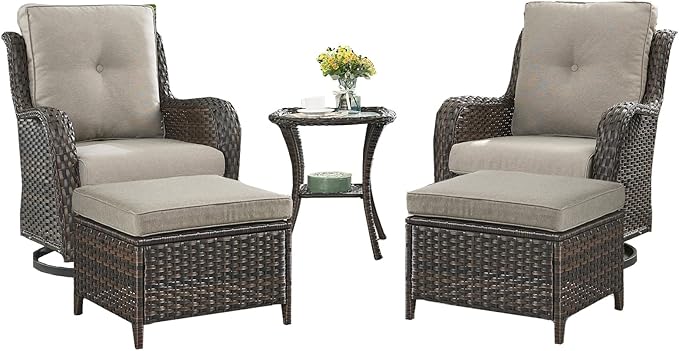 Outdoor Wicker Patio Furniture Set - 5 Pieces Rattan Patio Conversation Set with 2 Rocking Swivel Chairs,2 Ottomans and 1 Side Table for Porch Deck Backyard Garden(Brown/Grey)