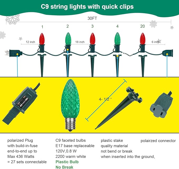 C9 Christmas Pathway Lights with Stakes,Red Green,2 Pack Total 60 Ft 40 Strawberry LED Bulbs,Connectable Shatterproof Outdoor Lights Marker for Xmas Yard Garden Path Lawn Walkway Sidewalk