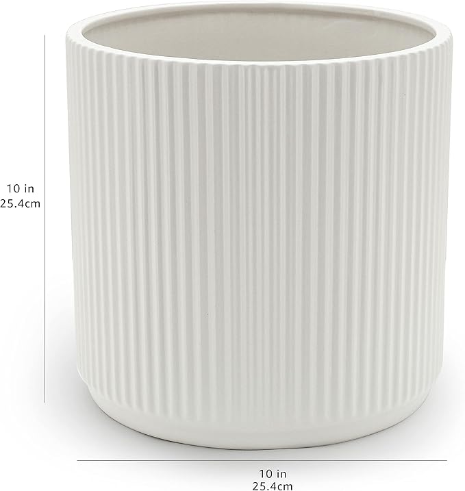 Amazon Basics Fluted Ceramic Round Planter, 10-Inch, White