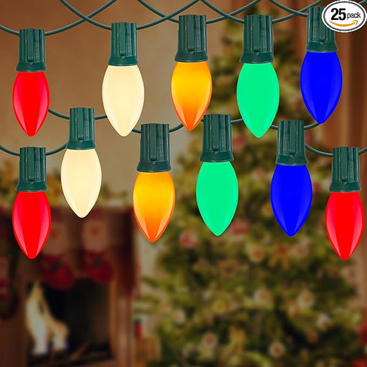 C9 LED Christmas Lights,25FT Vintage C9 Multicolor Christmas Lights Outdoor with 26 Colorful Ceramic LED Bulbs,Connectable Waterproof Christmas Lights for Outdoor Christmas Decorations Tree Garden Gar