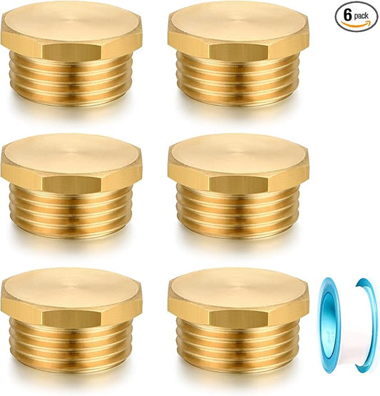 3/4" GHT Male Brass Pipe Plug Outer Garden Hose Male Threaded End Cap Plug Garden Irrigation Pipe Fittings Water Tubing Stopper （6 PCS）
