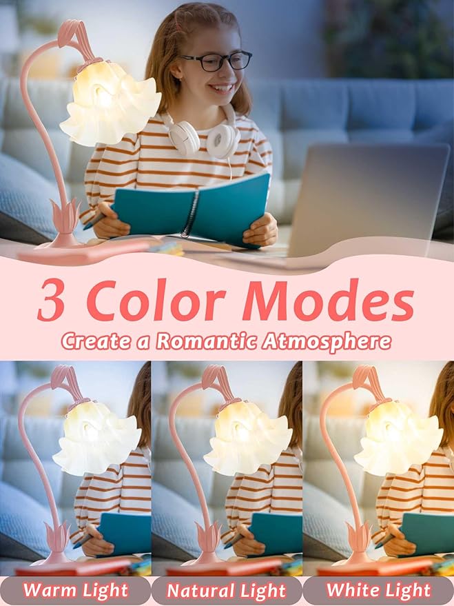 Flower Table Lamp,LED Reading Light Bedside Vintage Flower Night Light,3 Colors Modes Kawaii Bedside Lamps Decor,Living Room Bedroom Room Lighting Table Lamps Home Decoration (Pink)
