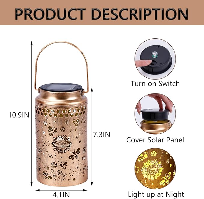 Bee Solar Lanterns Outdoor Waterproof, Metal Hanging Lights Decorations for Garden Yard Lawn Patio, Unique Bee Gifts for Women Mom Grandma Aunt Mother in Law Christmas