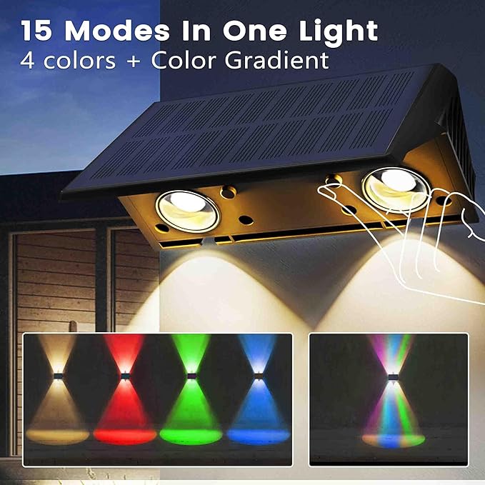 Fence Lights Solar Powered, 6-Pack Solar Fence Lights Up/Down Flexible Buttons, IP67 Waterproof for Outdoor, 120LM Bright, Auto Dusk to Dawn for Wall/Stairs/Yard/Railing/Deck/Pathway (White & RGB)