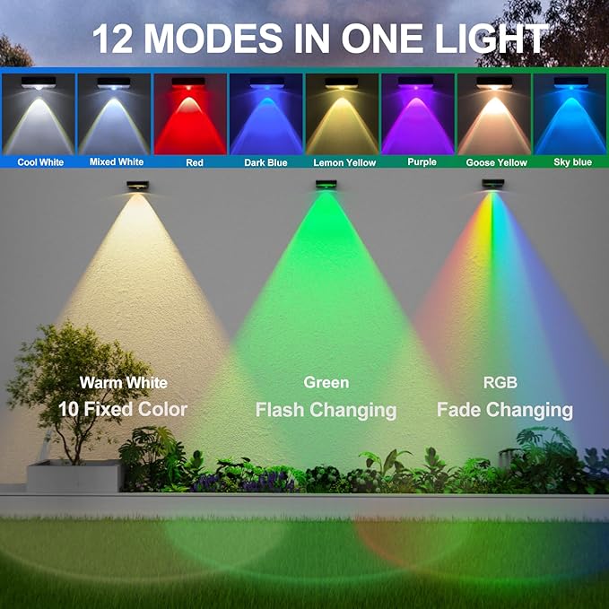 Solar Fence Lights,Fence Lights Solar Powered Waterproof IP65 Multicolor Led 12 Fixed Colors ＆RGB Color Changing for Pool, Deck, Patio, Porch, Stairs, Holiday (12)