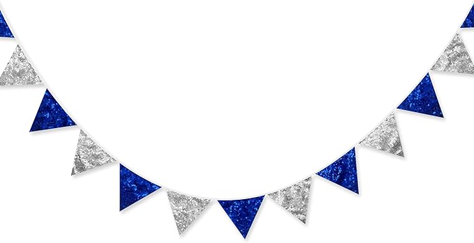 Pinkblume Silver Blue Double Sided Sequin Fabric Triangle Pennant Banner Flag Bunting Garland for Nautical Ahoy Anchor Theme Nursery Home Classroom Wall Decor