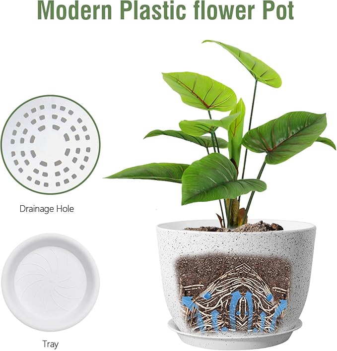 Plant Pots 12 inch, Plastic Planters with Drainage Holes and Saucers, Large Flower Pots for Indoor Outdoor Plants, Modern Decorative Pots for Garden House Plants, Speckled White