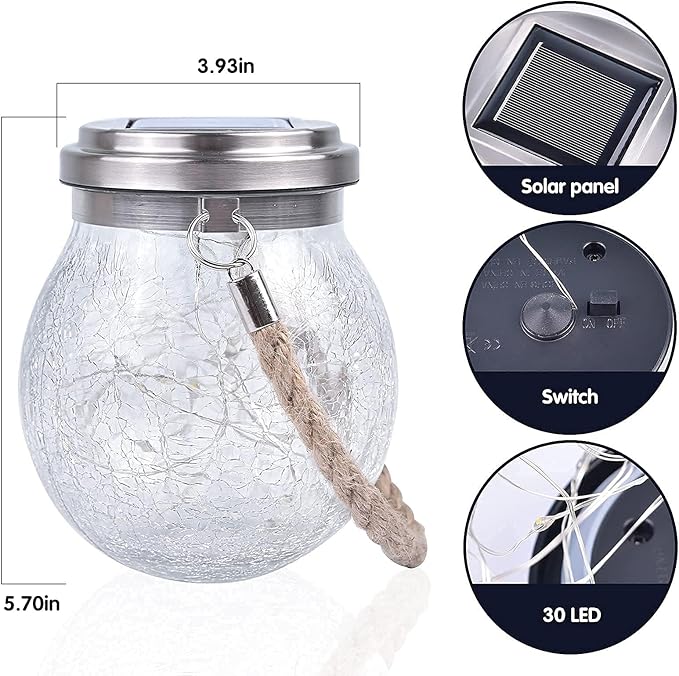 Solar Lantern Crackle Glass Ball, 2 Pack Garden Hanging Solar Lights Outdoor Waterproof Lanterns with 30 Warm White LED for Outdoor Decor Patio Yard Lawn Pathway