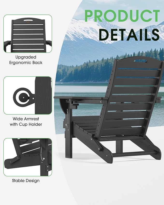 Folding Adirondack Chair HDPE All-Weather Adirondack Chairs with Cup Holder, Outdoor Fire Pit Chairs Lawn Chair for Deck Patio Garden (Black)