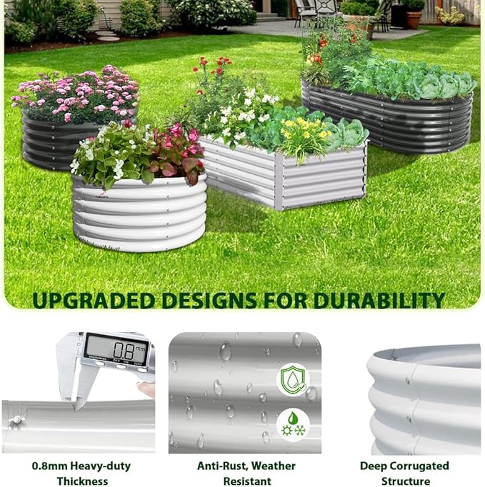 A ANLEOLIFE 8X4X2 ft Galvanized Raised Garden Beds Outdoor, Oval Large Metal Deep Root Planter Box for Planting Vegetables Flowers Herb, Anti-Rust & Easy-Setup, Antique White
