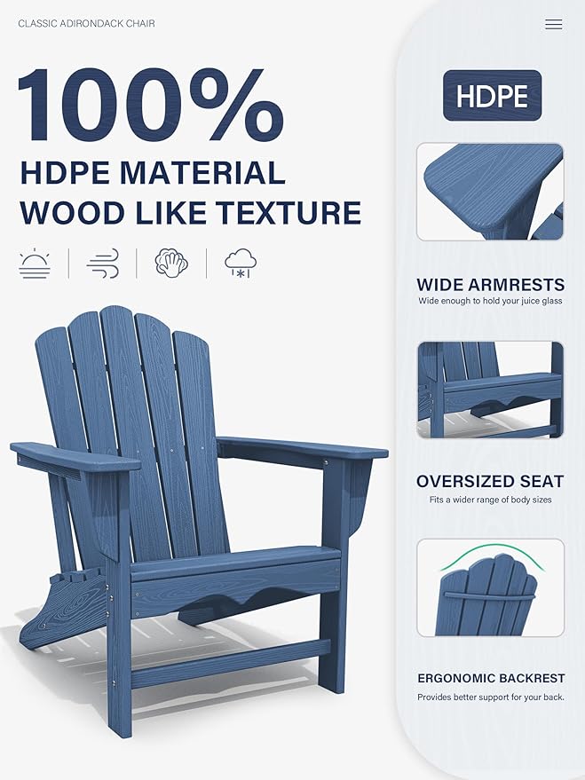 KINGYES HDPE Adirondack Chair, Classic All-Weather Adirondack Chairs, Outdoor Patio Adirondack Chair for Deck Lawn fire Pit, Navy