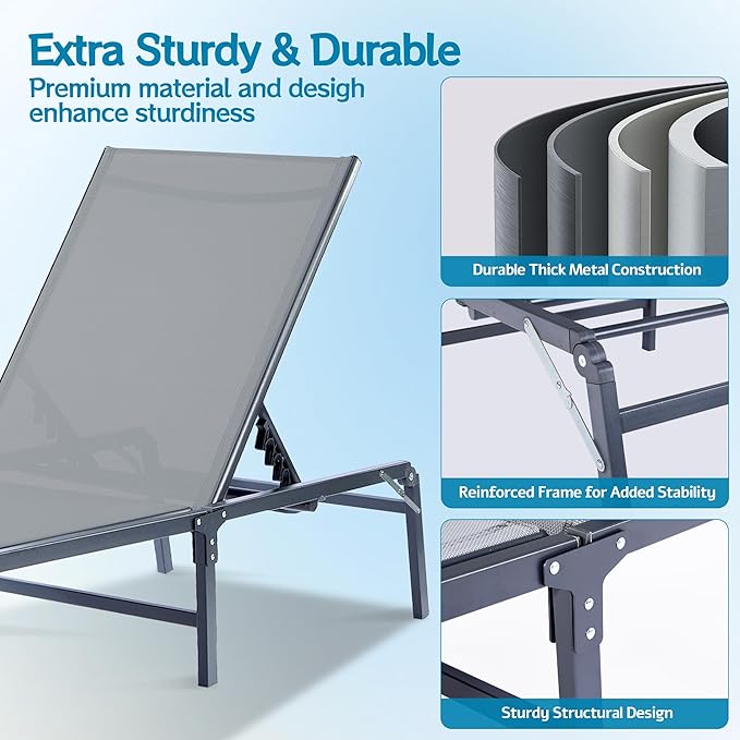 Outdoor Chaise Lounge Chair Set of 2, Foldable & Assemble-Free, 6 Adjustable Positions, Durable Rust-Resistant Frame, Portable Outdoor Pool Lounge Chairs for Pool Patio Beach, Grey