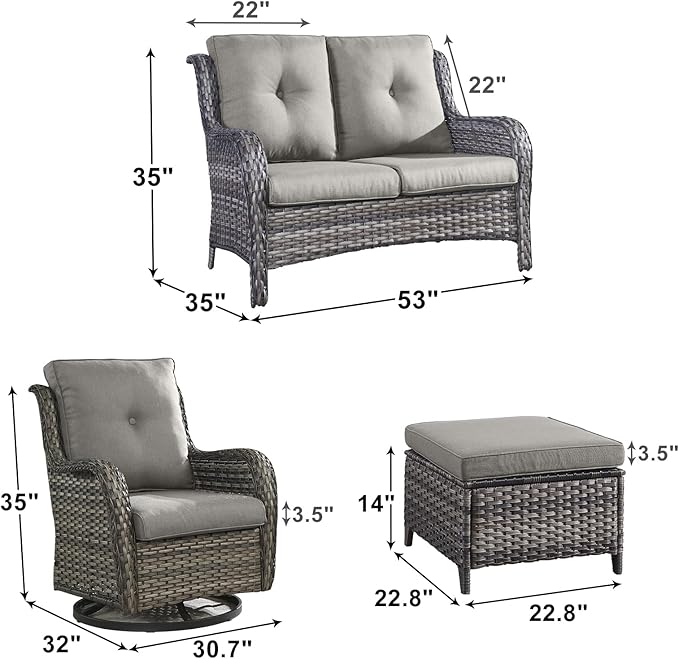 Outdoor Wicker Patio Furniture Set - 5 Piece Rattan Patio Conversation Set with 2 Rocking Swivel Chairs,2 Ottomans and 1 Loveseat for Porch Deck Backyard Garden(Mixed Grey/Grey)
