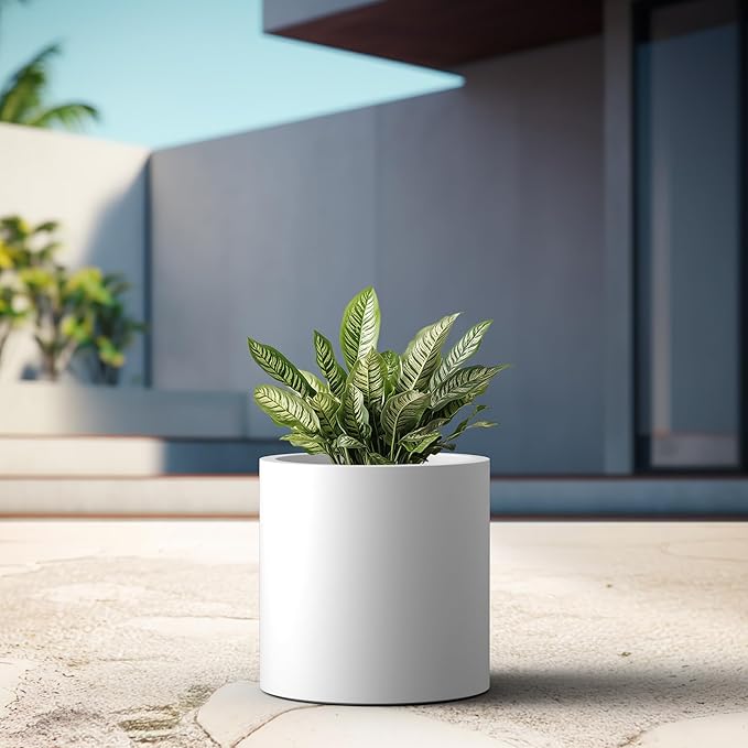 Kante 15.7" Dia Round Concrete Planter, Modern Style Large Cylindrical Plant Pot with Drainage Hole and Rubber Plug for Indoor Outdoor Patio, White