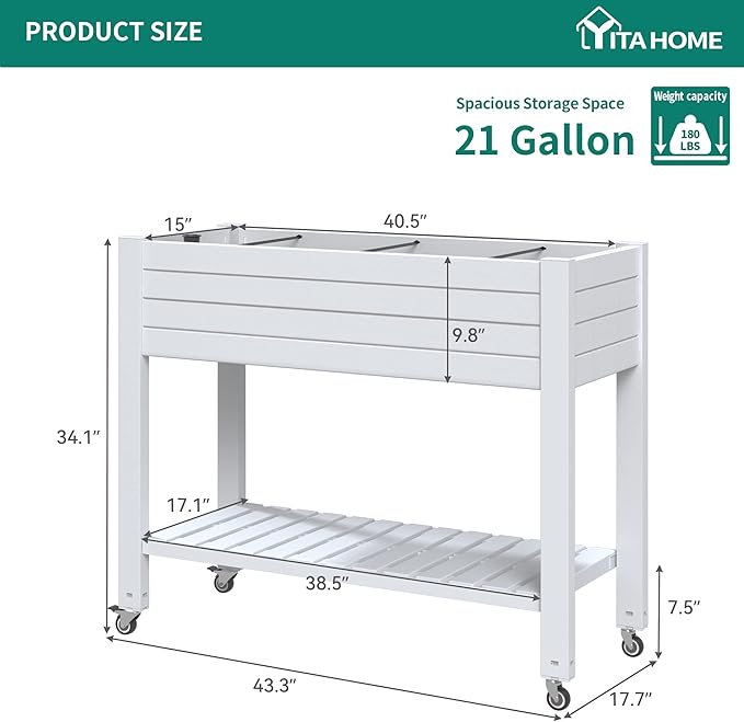 YITAHOME 43.3x17.7x34 in Elevated Garden Bed, Outdoor Plastic Planter Box with Wheels, Legs, Drain Plug, and Storage Shelf for Plants, Vegetables, Flowers, Herbs, Grayish-White