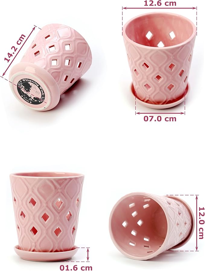 Whispering Winds Ceramic 5 x 6 Inch Orchid Pot with Holes & Saucer for Aeration and Drainage - Decorative Orchid Pots for Repotting, Prevent Over Watering & Root Rot (Cavern Pink)