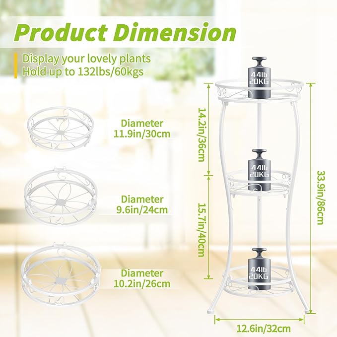 KMOTASUO 3 Tier Tall Metal Plant Stand, 34 Inch Plant Stands Indoor Outdoor, Rustproof Wrought Iron Flower Pot Holder Display Rack for Corner Patio Garden Balcony Living Room(White)