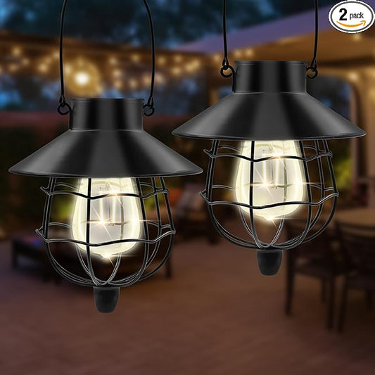 Solar Hanging Lantern Outdoor Waterproof Solar Lanterns Hanging Lights for Outside with Bright Warm White Light for Garden Patio Yard Pathway 2 Pack(Black)