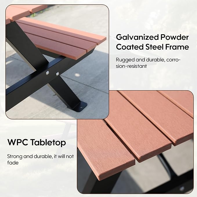 6FT Outdoor Picnic Table and Bench Set with 2" Umbrella Hole, WPC Tabletop Seattop Patio Dining Set for 6 People, Outdoor Dining Table and Chair for Park Garden Yard Patio- Brown