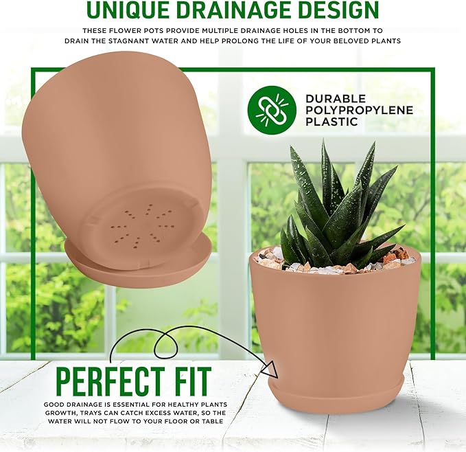 Planter Pots with Drainage Holes - Lightweight, Durable, and Space-Saving Pots for Indoor and Outdoor - Versatile Functionality, Simple Modern Design, Set of 5 Plastic Planter Pots - Pink