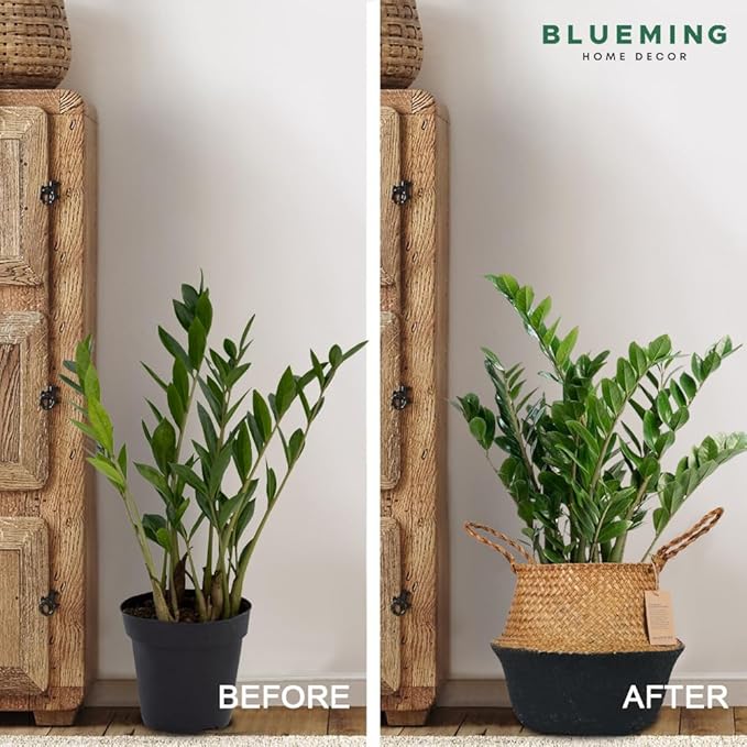 Basket Planter – Woven Seagrass Plant Pot for Tall Indoor Artificial Plants, Wicker Rattan Planters for Boho Decor 9-10 Inches (Black Bottom, Large)