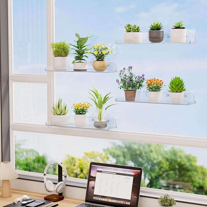 Lifewit Window Plant Floating Shelves 15 inch, 2 Pack Acrylic Suction Cup Shelf, Window Sill Extender for Indoor Succulent Plants, Micro Greens, Seed Starter Pots, Herb Planters
