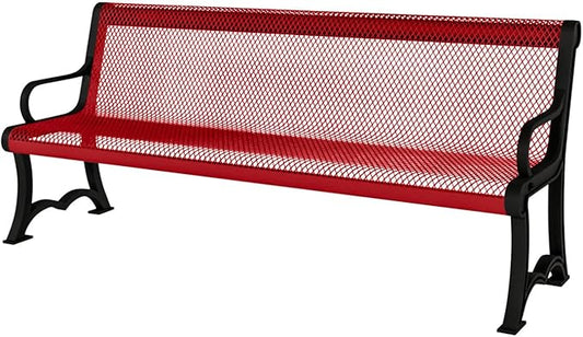 Coated Outdoor Furniture Heavy-Duty Outdoor Bench Thermoplastic Coated, Expanded Metal, Commercial-Grade Garden Bench, Made in America (Portable with Back, 4 Ft, Textured Red)