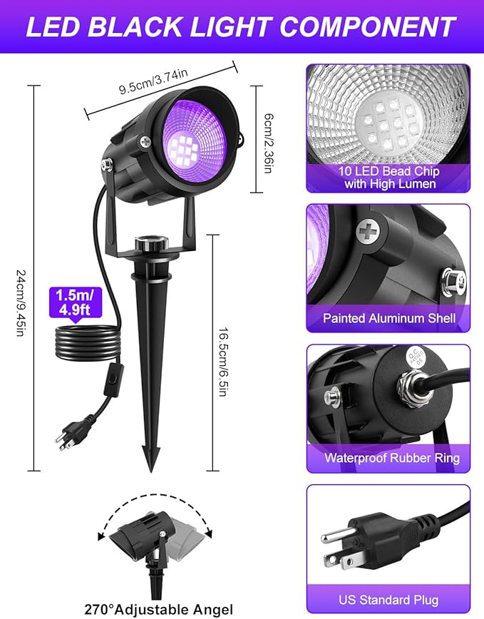 Outdoor Black Light Spotlight, LED Black Lights Waterproof Landscape Lighting with US Plug for Glow Party Body Paint Fluorescent Poster Stage Lighting Yard Garden Halloween Decoration(6 Pack)