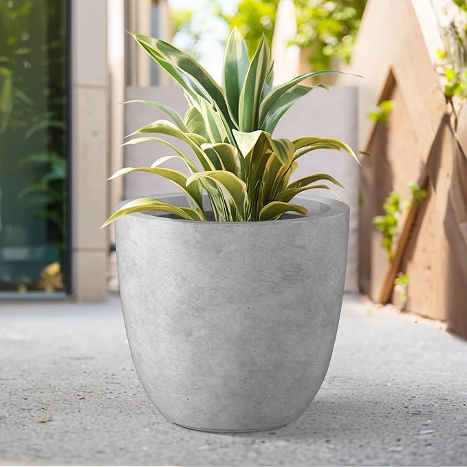 Kante 18 Inch Dia Round Concrete Planter, Indoor Outdoor Large Plant Pot with Drainage Hole and Rubber Plug for Home Patio Garden, Gray Concrete