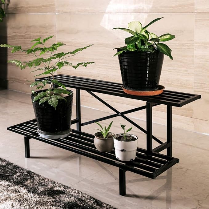 Zhongma 2 Tier Sturdy Metal Plant Stand Heavy Duty Plant Holder for Home Indoor and Outdoor, L35.43 x W17.5 x H14 inch, 440 LBS Capacity & Heavy Duty Construction.