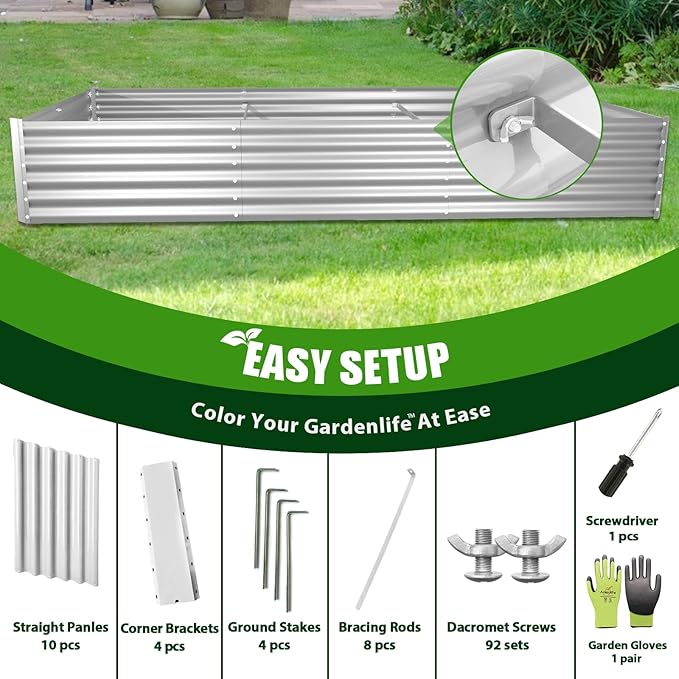 A ANLEOLIFE 8X4X1.5 ft Galvanized Raised Garden Bed, Rectangle Above Ground Modular Metal Planter Boxes Outdoor for Vegetables Flowers Herbs, Anti-Rust & Easy-Setup, Antique White