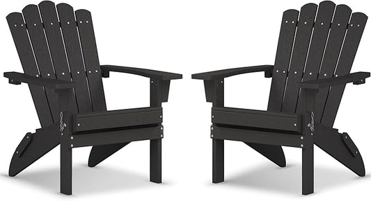 Folding HDPE Adirondack Chair Set of 2, Weather-Resistant Patio Chair with Wide Armrests & High Backrest, Fire Pit Chair for Garden, Backyard, Porch - Black