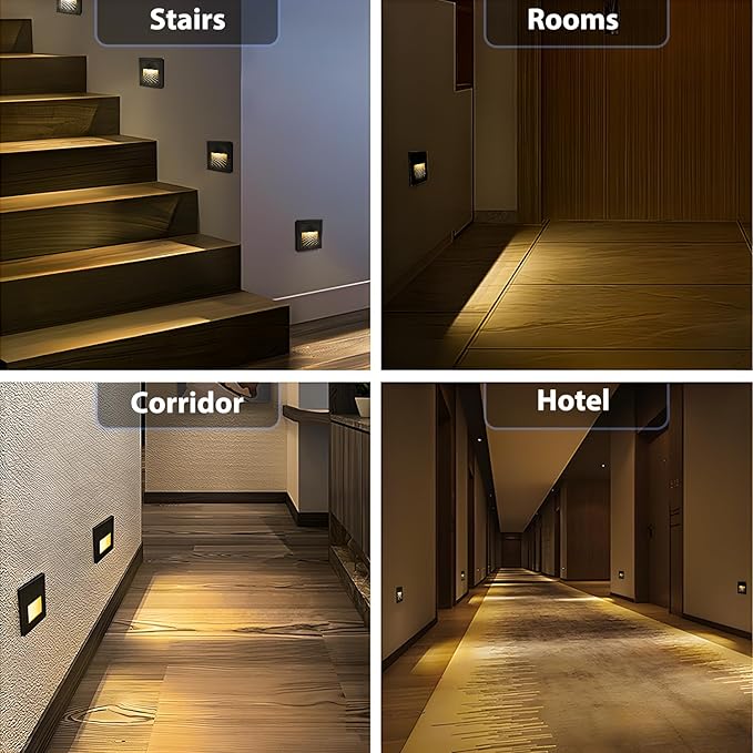 1pcs/3W Wall Recessed Stair Lights LED,Warm White,Indoor Step Light,Square Recessed Wall Light,Black Cover Staircase Light IP20 for Indoor Stairs, Home, Kitchen, Attic, Aisle