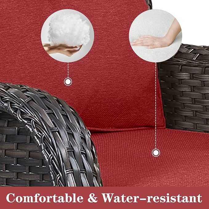 Outdoor Swivel Rocker Patio Chairs - 360 Degree Swivel Glider Seating Wicker Rocking Chairs Set of 2 with High Back Deep Seat for Porch Balcony Deck, Brown/Red