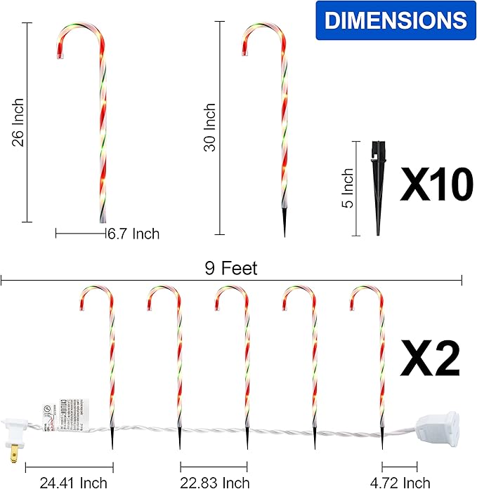 26" Christmas Decorations Outside Candy Cane Lights, Set of 10 Pack Landscape Path Lights for Yard Patio Garden Walkway Festival Holiday, Red & Green