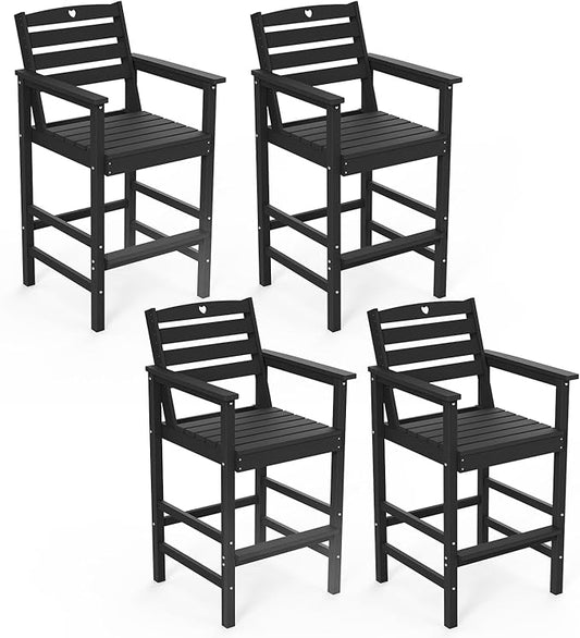 Tall Adirondack Chairs Set of 4, HDPE Wood Balcony Adirondack Chairs Set with Heart Cutout Design, Weather-Resistant Bar Height Furniture for Deck, Porch, Pool (Black)