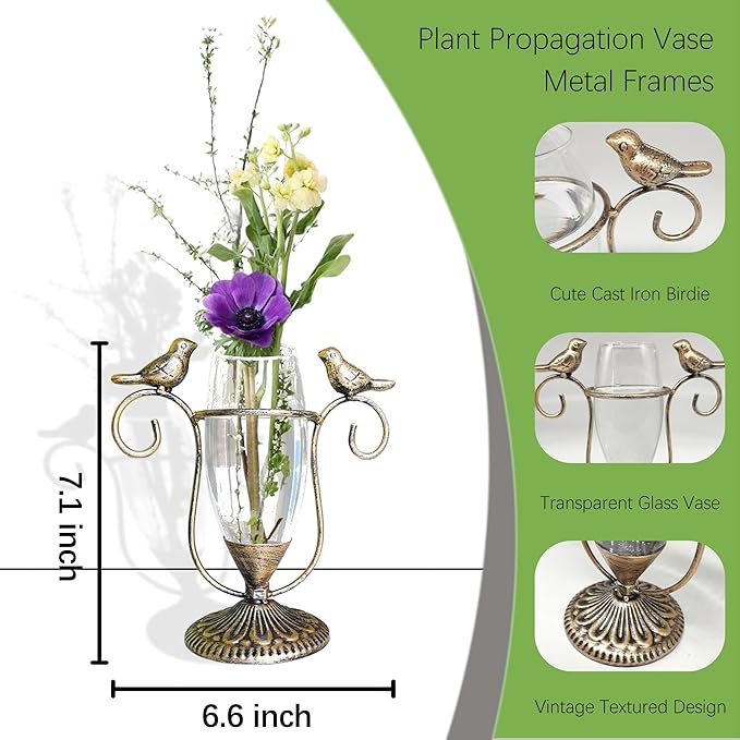 POXOH Vintage Glass Planter - Metal & Glass Propagation Vase with Gold Dual Birds Art, Retro Indoor Planter for Hydroponic Plants, Office Desk Decor, Living Room Centerpiece