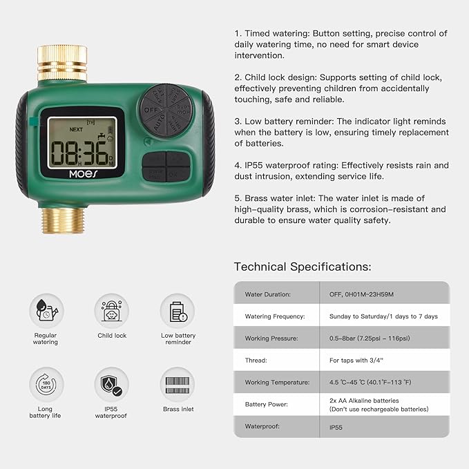 MOES Sprinkler Timer, Brass Inlet & Outlet, Programmable Automatic Irrigation Controller, Rain Delay, Manual Watering, 1 Zone Water Hose Timers for Gardens, Lawns, and Hose Systems
