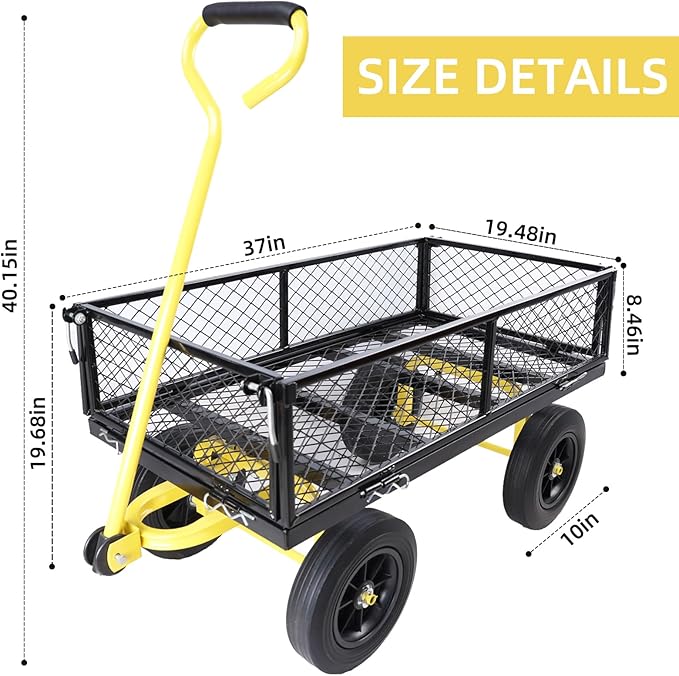 Heavy Duty 480 Lbs Capacity Mesh Steel Garden Cart Folding Utility Wagon with Removable Sides (Black+Yellow)