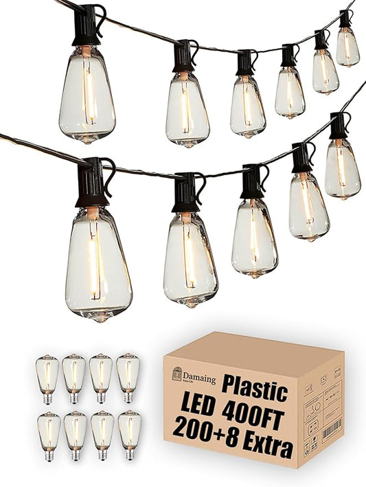 DAMAING Outdoor String Lights Weatherproof 400FT shatterproof connectable Patio Lights for Outside 4 Pack x 100FT with 208 Vintage dimmable LED Edison Bulbs,Hanging Lights for Garden,Balcony