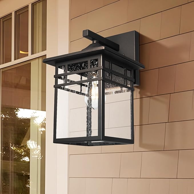 Outdoor Light Fixture Wall Mount, Black Exterior Light Fixture Wall Sconces with Seeded Glass for Front Porch, 9 Inch Large Waterproof Outdoor Square Wall Lantern Outside for House Doorway