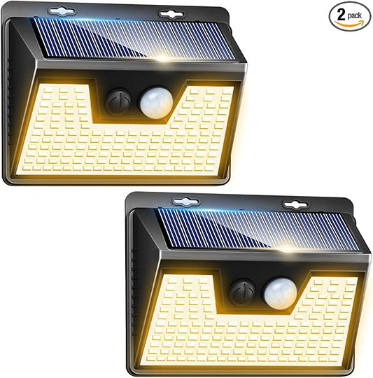 Peasur LED Solar Lights Outdoor Motion Sensor, 2 Packs Waterproof Solar Power Fence Security Lighting, 3 Mode Yard Deck Lamp for Wall Stairs Home Outside Warm White